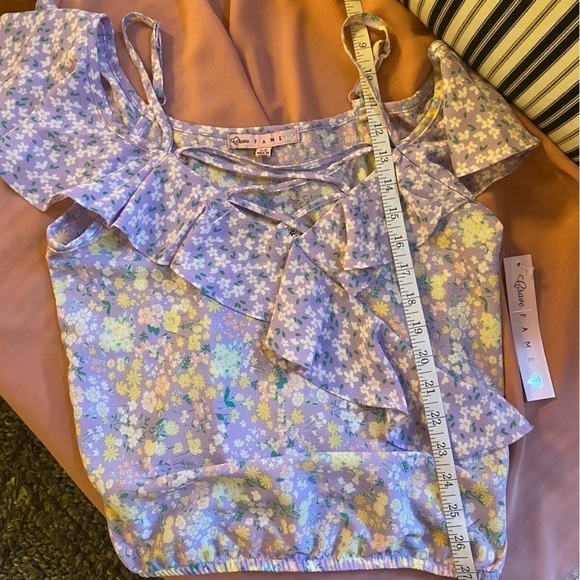 Crave Fame New Size XS Ditzy Floral Purple Lavender Ruffle Trim Peasant Top - Picture 4 of 4